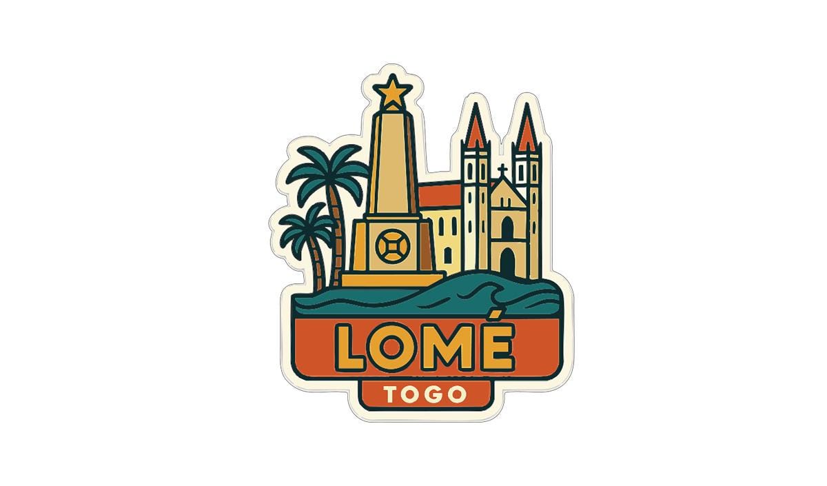 a sticker or logo with a stylized illustration of a city skyline, including a tall tower, palm trees, and other architectural elements.