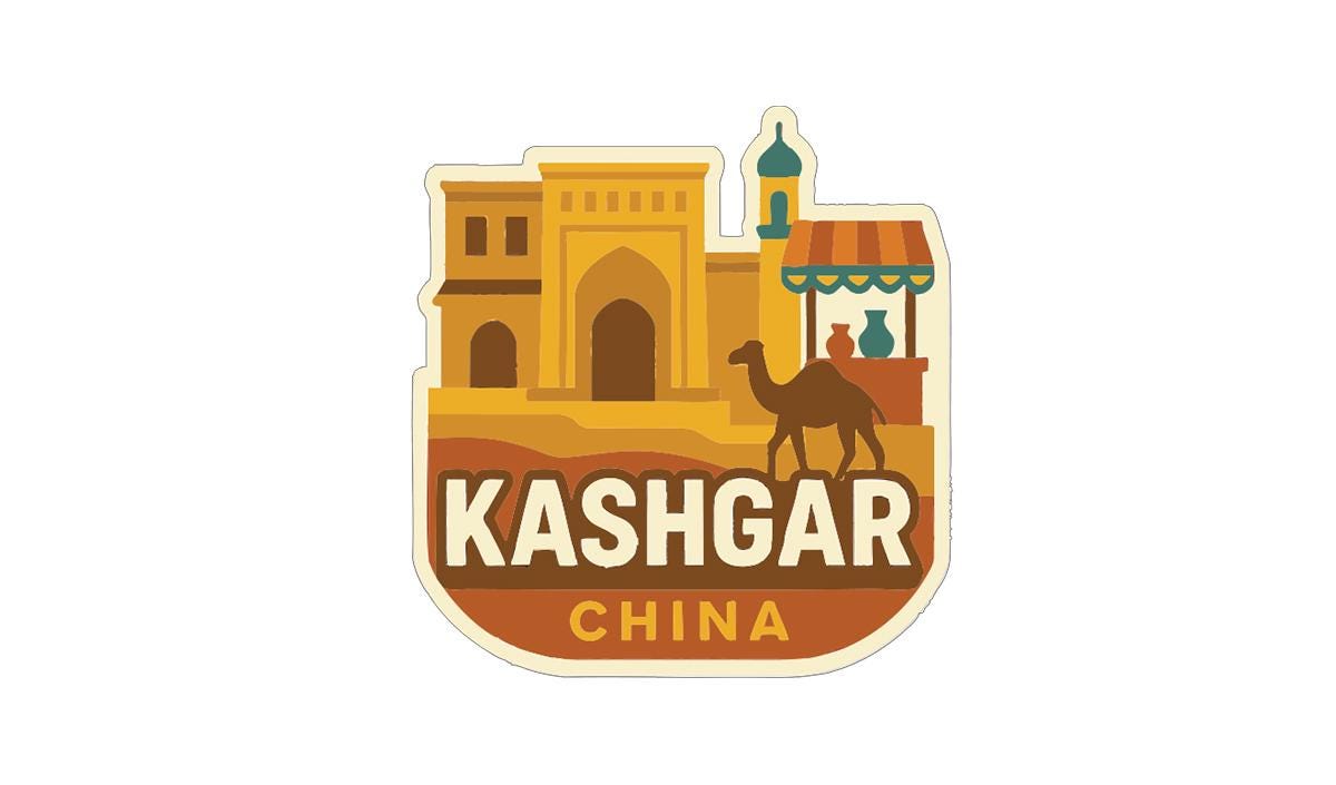 A sticker or emblem featuring the city of Kashgar, China, with a camel and traditional architecture.