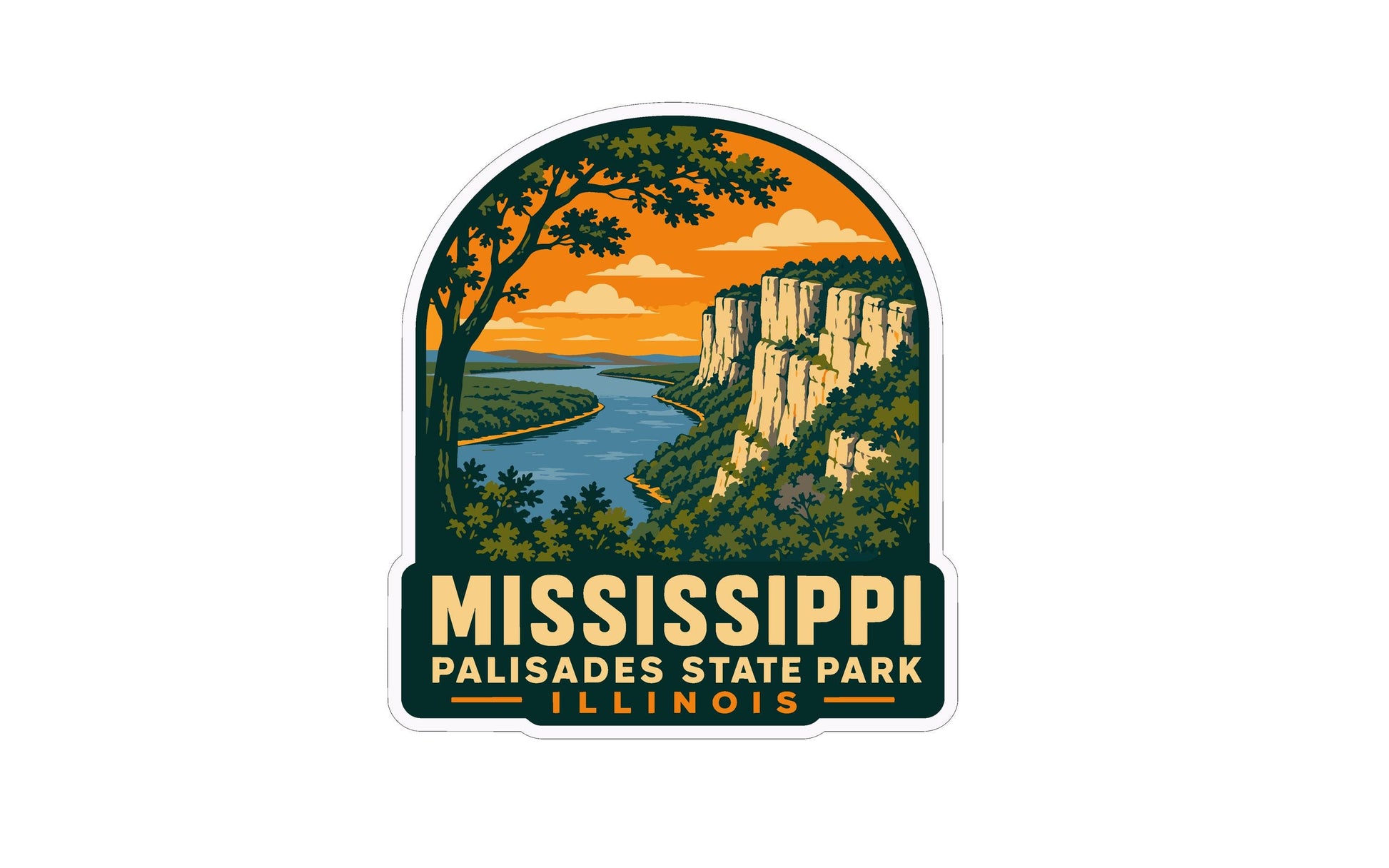 A sticker or emblem featuring a scenic landscape with a river, cliffs, and trees, along with the text "MISSISSIPPI PALISADES STATE PARK ILLINOIS".