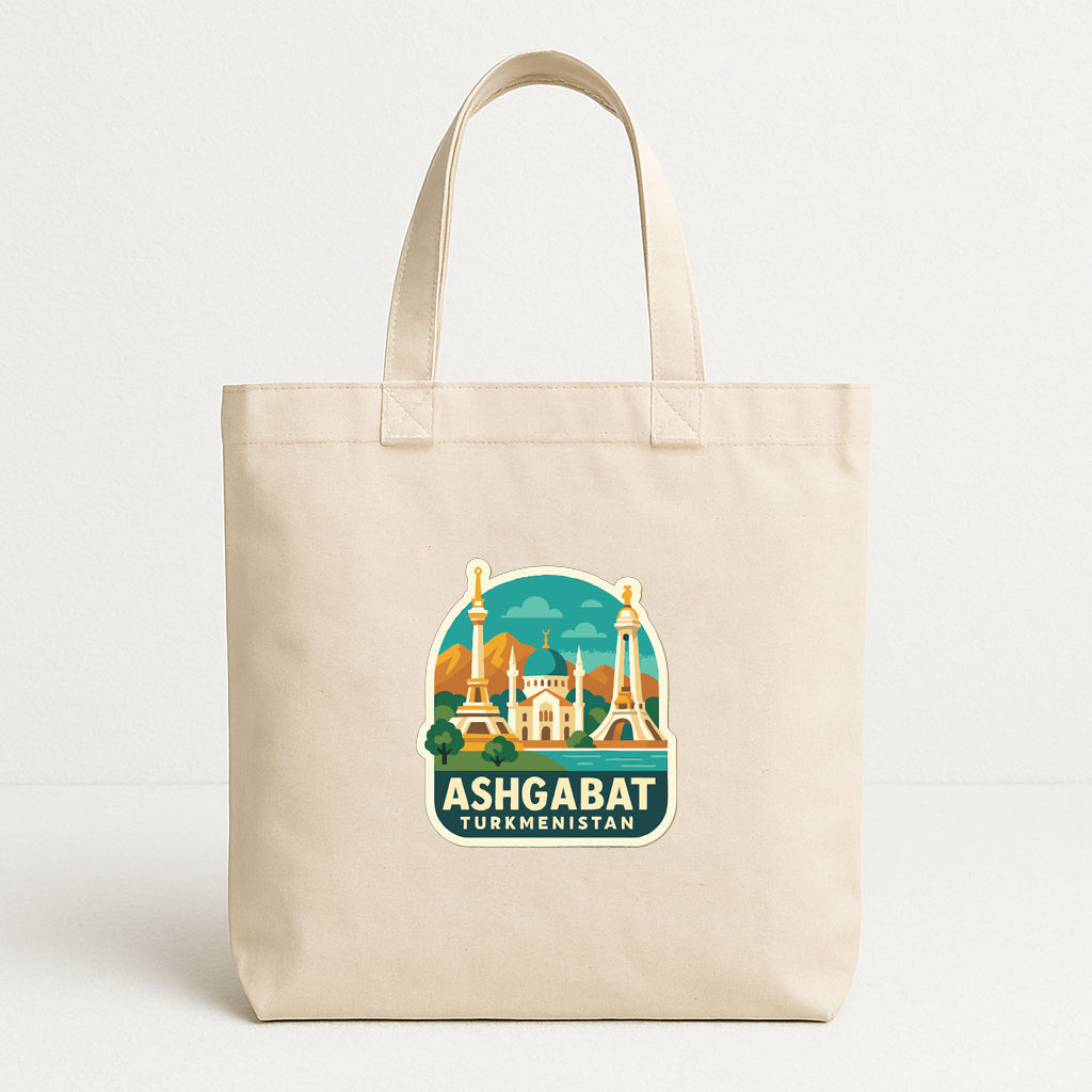 A beige tote bag with a graphic design featuring the skyline of Ashgabat, Turkmenistan.