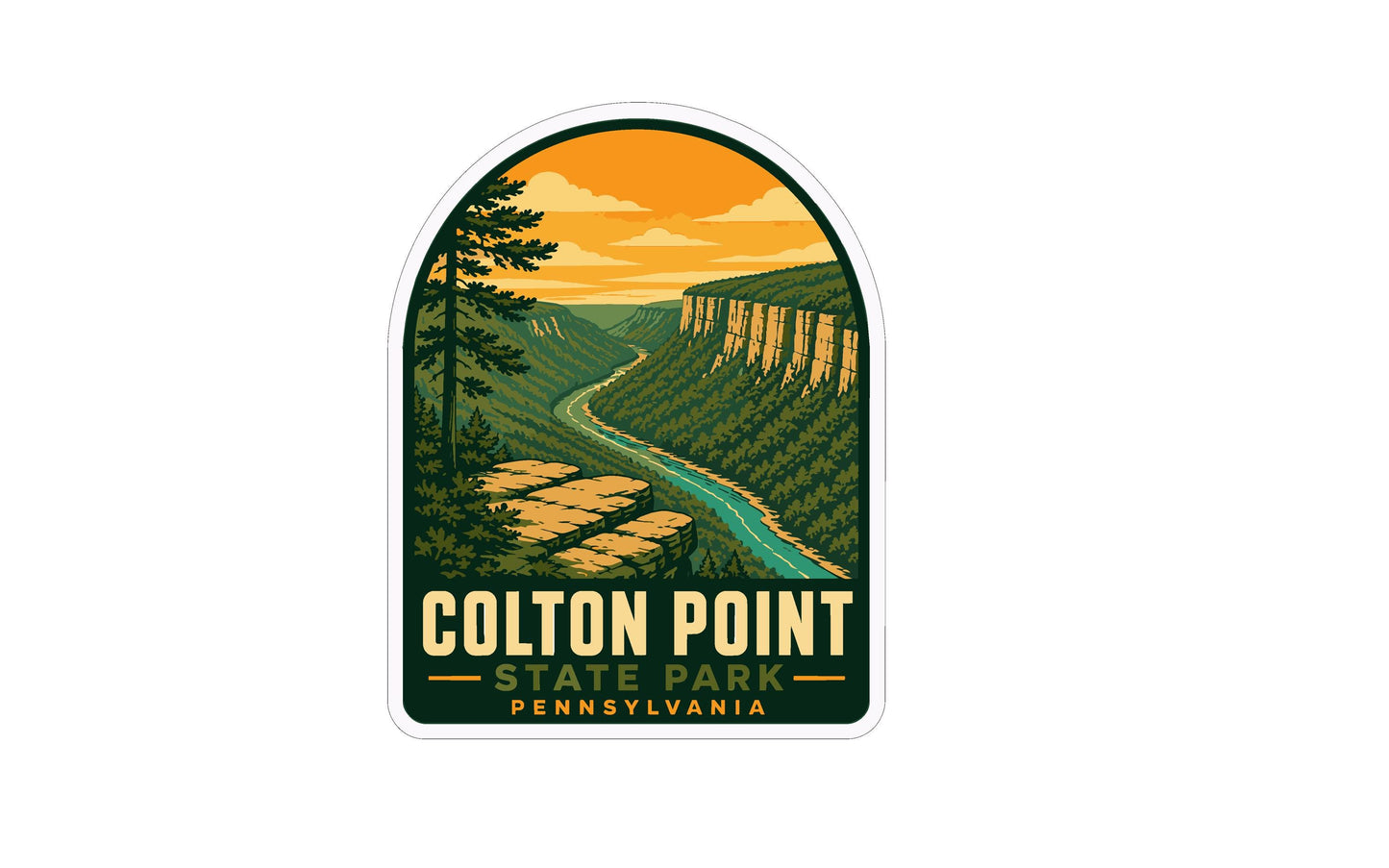 A sticker depicting a scenic landscape with a winding river, cliffs, and trees, with the text "Colton Point State Park, Pennsylvania" prominently displayed.