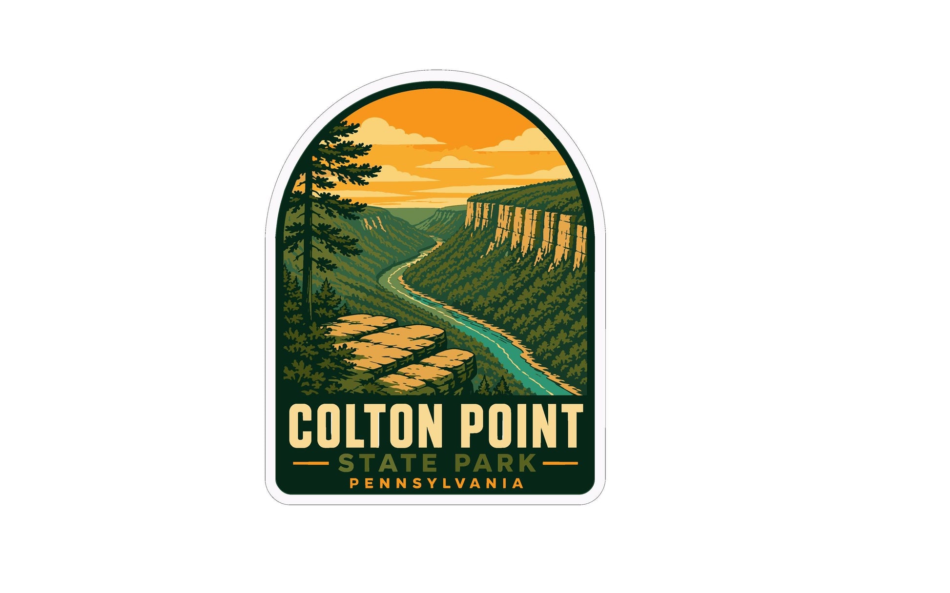A sticker depicting a scenic landscape with a winding river, cliffs, and trees, with the text "Colton Point State Park, Pennsylvania" prominently displayed.