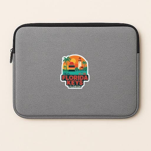 A gray laptop sleeve with a Florida Keys logo printed on it.