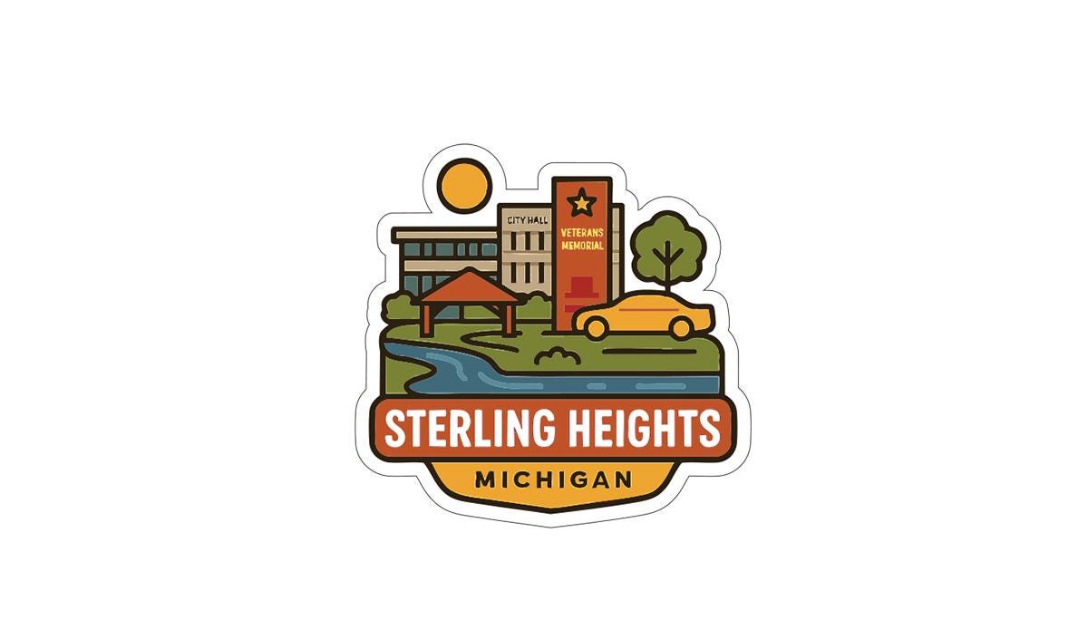 a sticker or logo for Sterling Heights, Michigan. It includes a building, a tree, a car, and a river, all set against a white background.