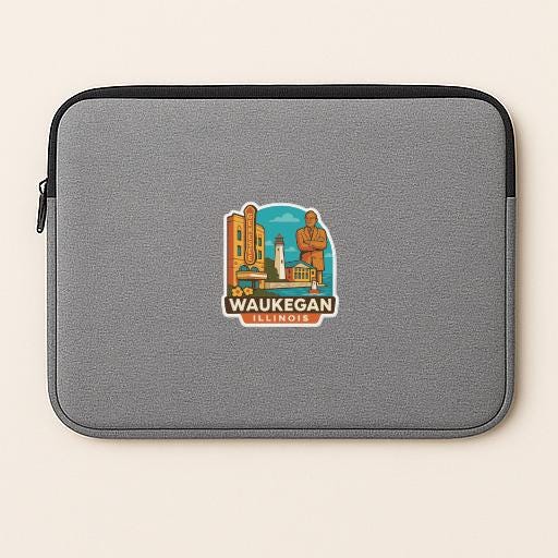 A gray laptop sleeve with a sticker of the Waukegan, Illinois state.