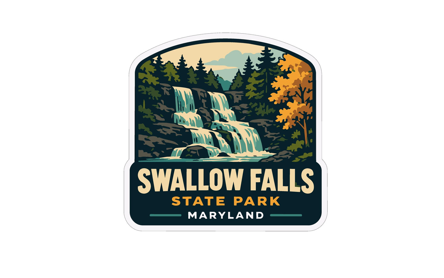 A sticker or emblem featuring a scenic landscape with a waterfall, trees, and mountains. The text "SWALLOW FALLS STATE PARK MARYLAND" is prominently displayed, indicating the location or theme of the image.
