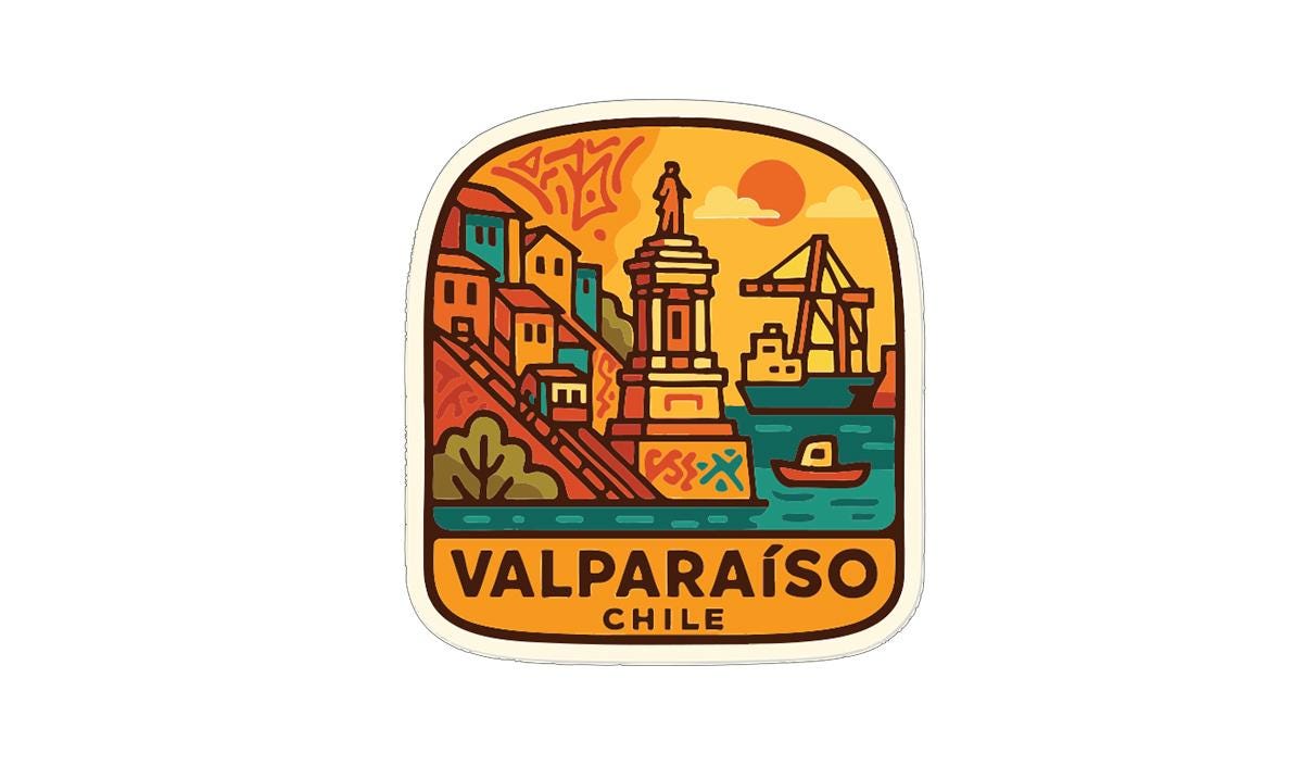 a colorful illustration of a cityscape with a statue, boats, and a crane, along with the text "VALPARAÍSO CHILE".