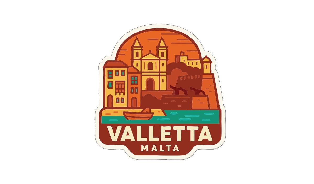 a sticker or emblem with a stylized illustration of a cityscape, including buildings, a river, and a boat. The text "VALLETA MALTIA" is prominently displayed, indicating the location of the city.