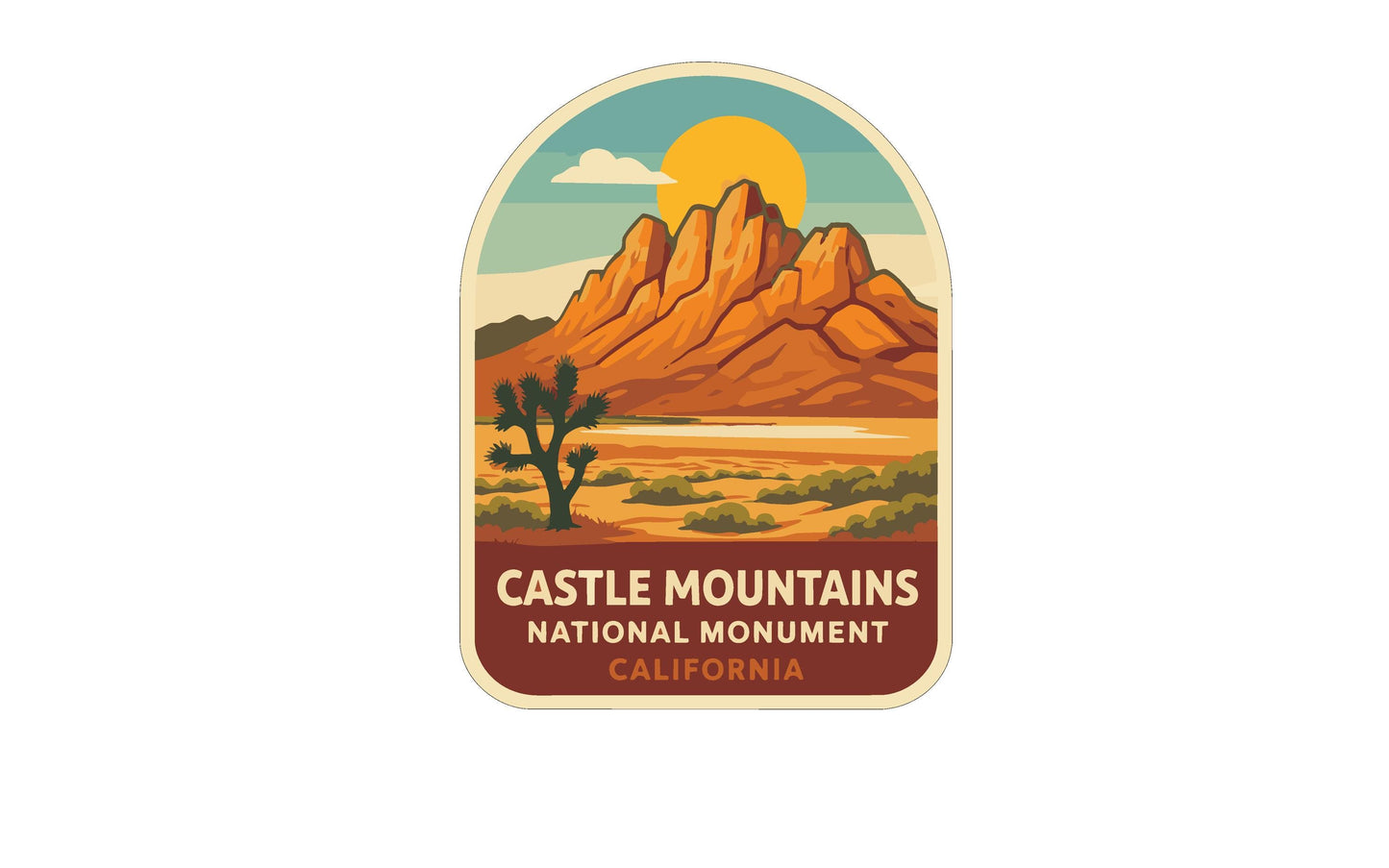 a stylized illustration of a desert landscape with mountains, a cactus, and a sun in the sky. The text "CASTLE MOUNTAINS NATIONAL MONUMENT CALIFORNIA" is prominently displayed, indicating the location of the landmark.