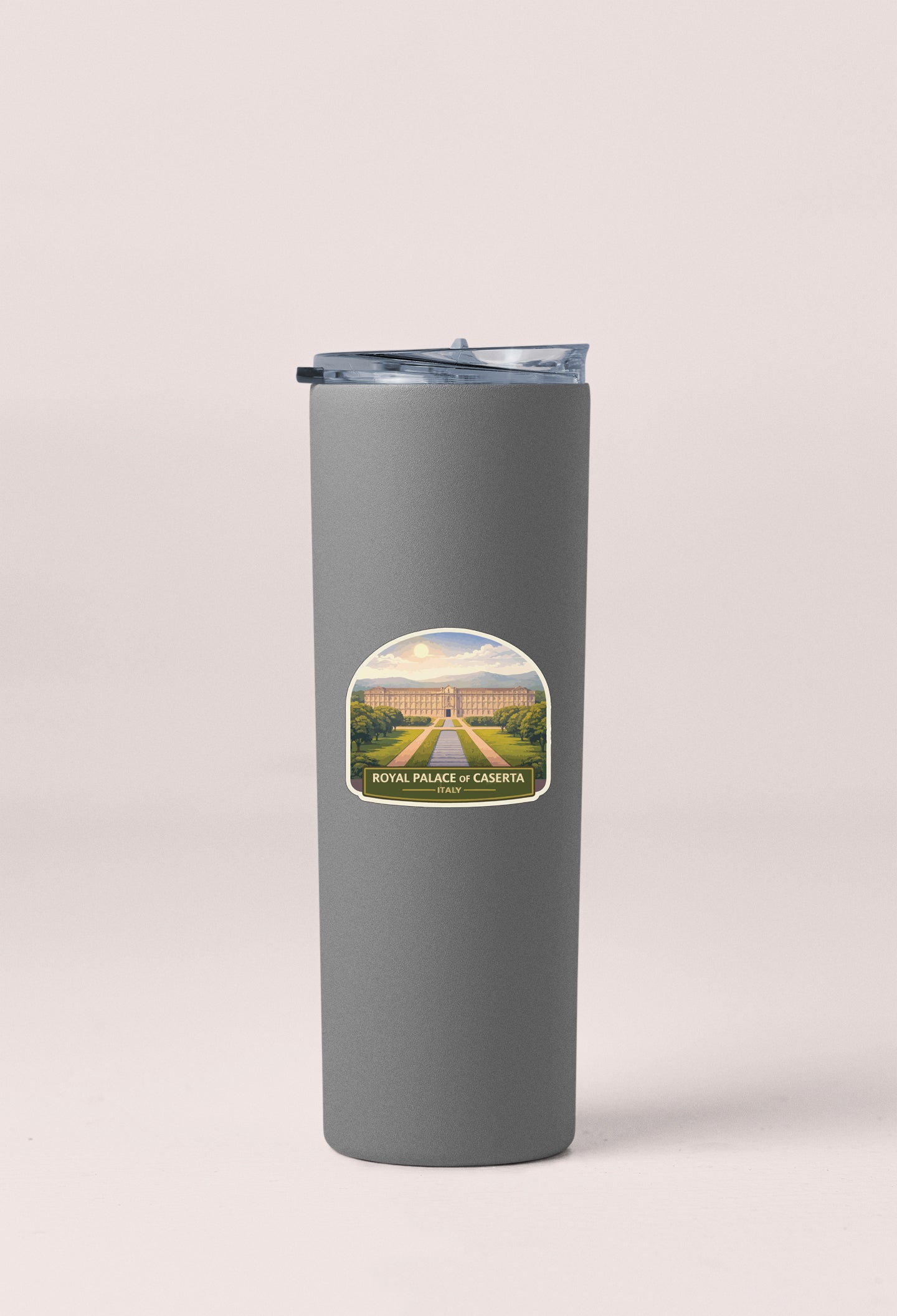 A gray cylindrical container with a lid and a label featuring an image of a palace and the text "Royal Palace of Caserta, Italy".