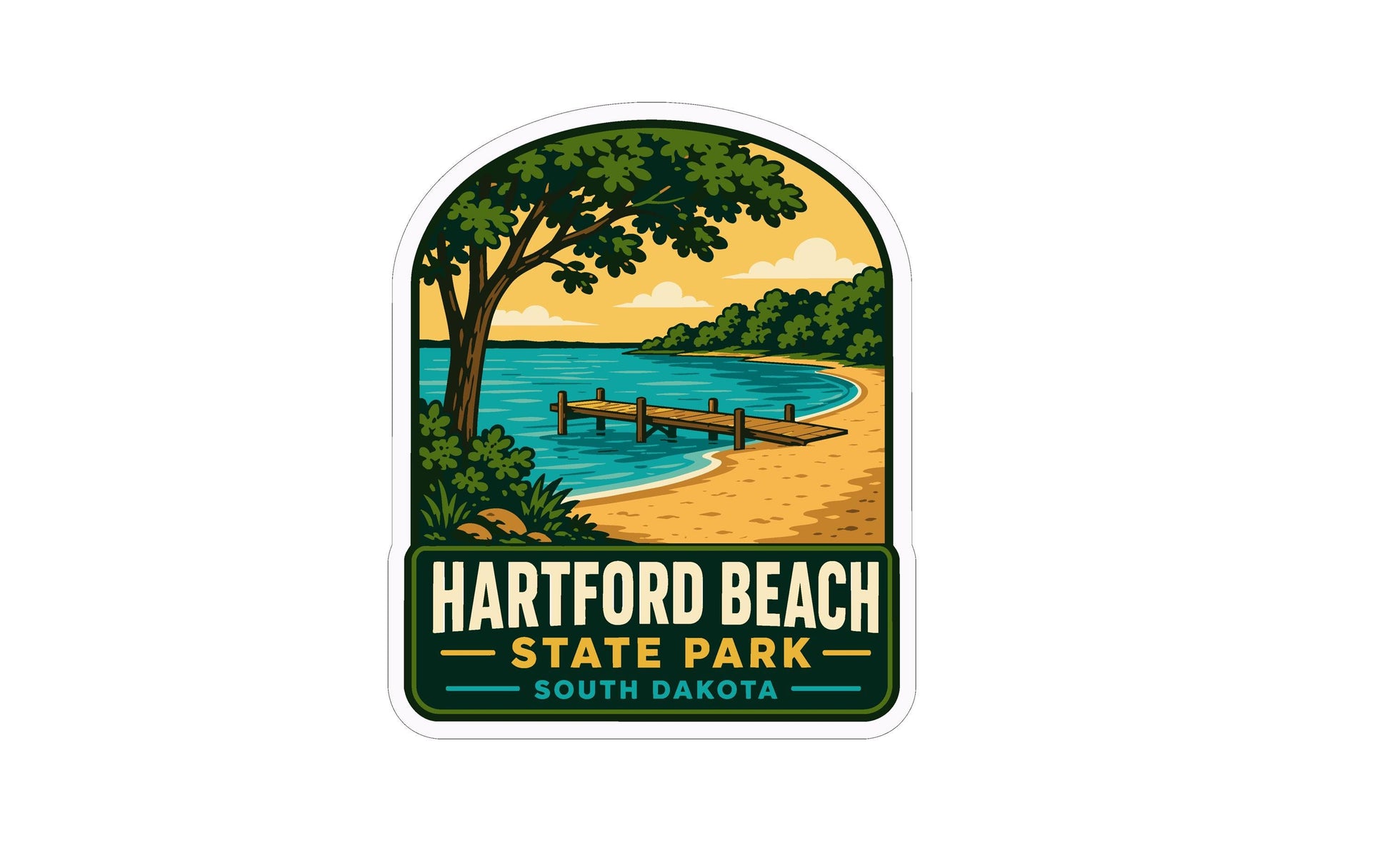 A sticker depicting a scenic beach with a pier, trees, and a body of water, with the text "HARTFORD BEACH STATE PARK SOUTH DAKOTA" prominently displayed.
