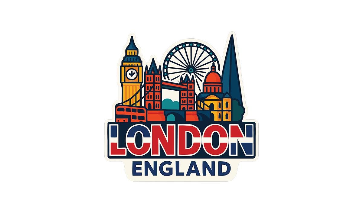 the london england logo with a ferris wheel in the background