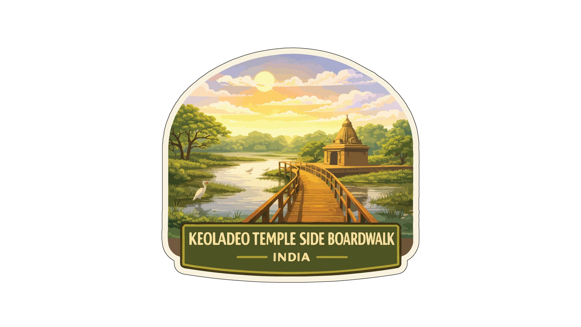 a scenic view of the Keoladeo Temple Side Boardwalk in India, with a wooden bridge leading to a temple in the distance. The sky is filled with clouds, and the sun is shining brightly, creating a picturesque landscape.