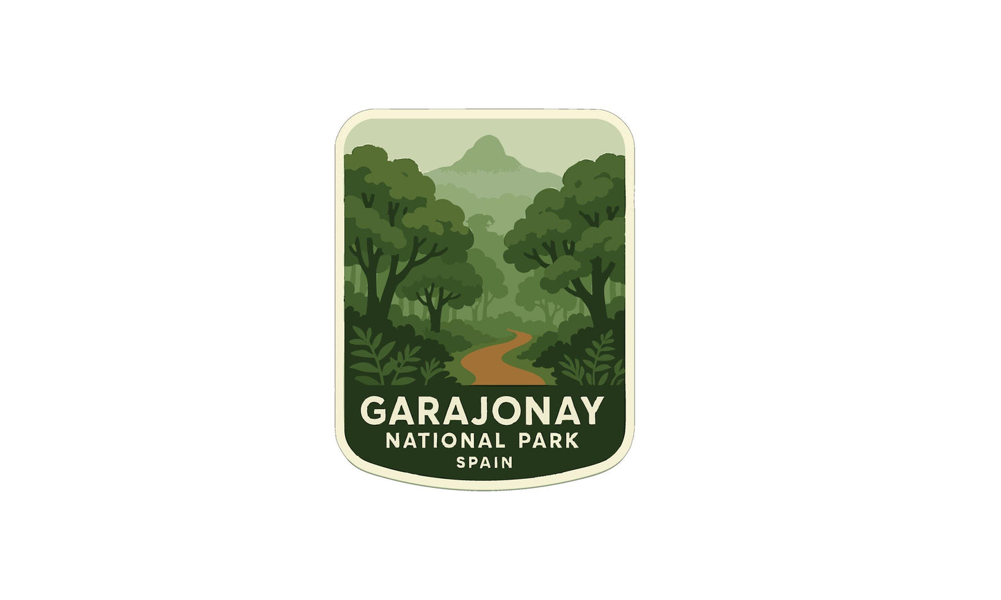 A sticker or emblem featuring a winding path through a lush, forested landscape with mountains in the background.