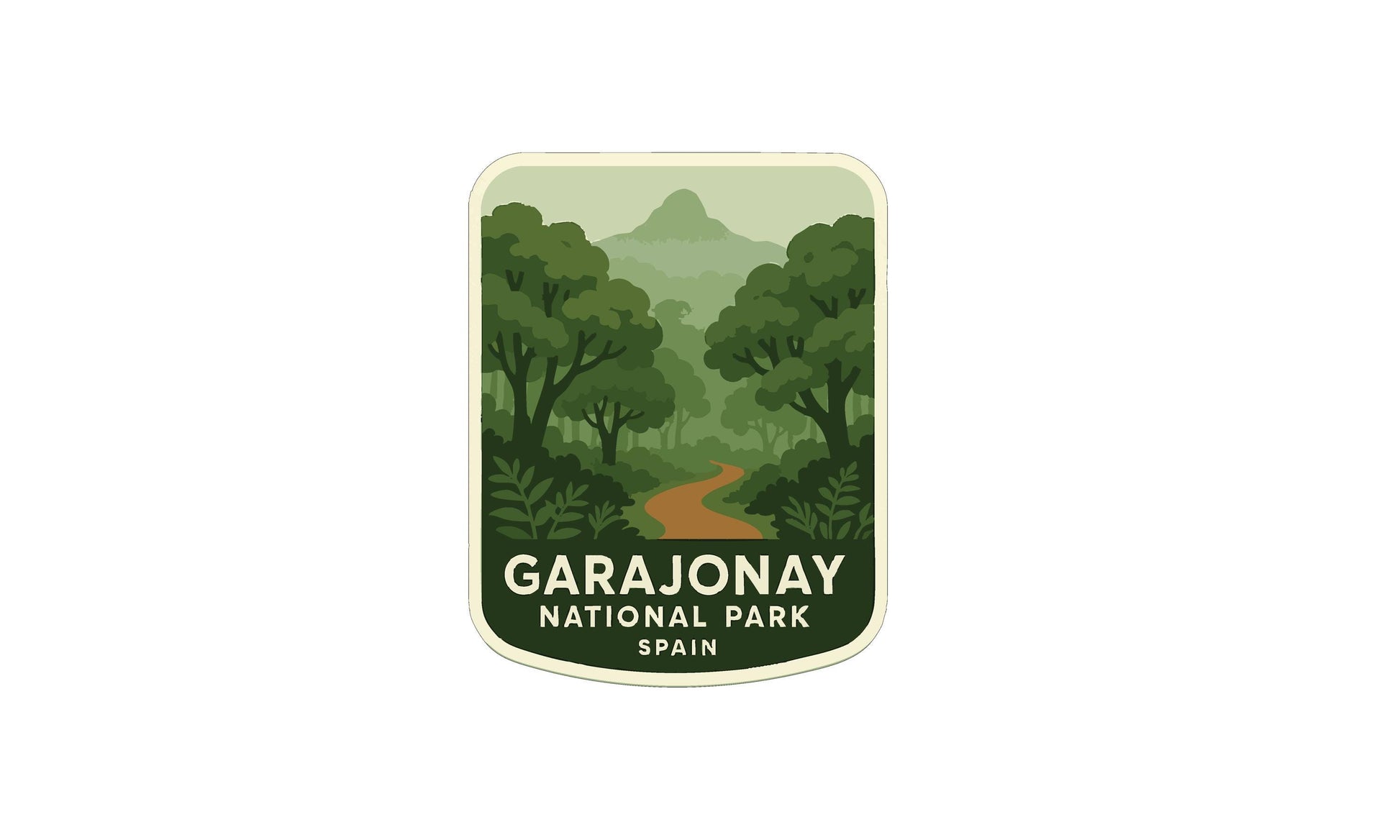 A sticker or emblem featuring a winding path through a lush, forested landscape with mountains in the background.