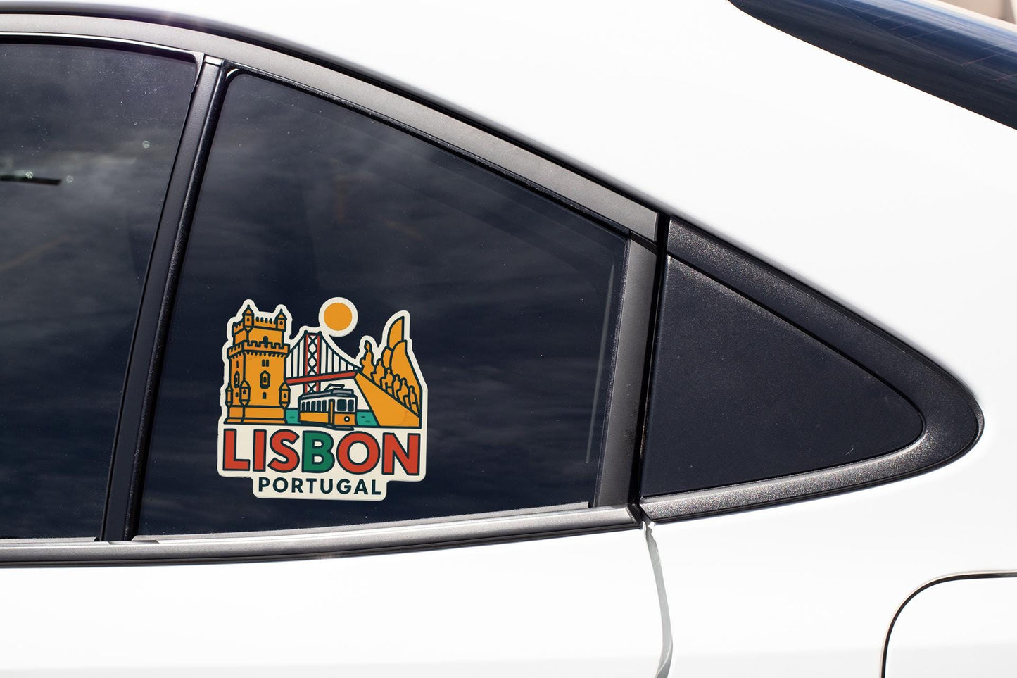 A sticker on the side of a car window, depicting the city of Lisbon, Portugal.