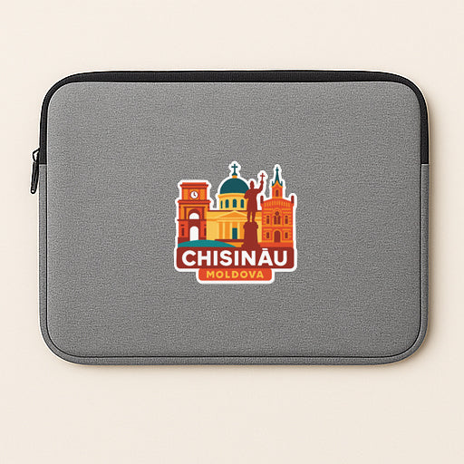 A gray laptop sleeve with a graphic design featuring the city of Chisinau, Moldova.