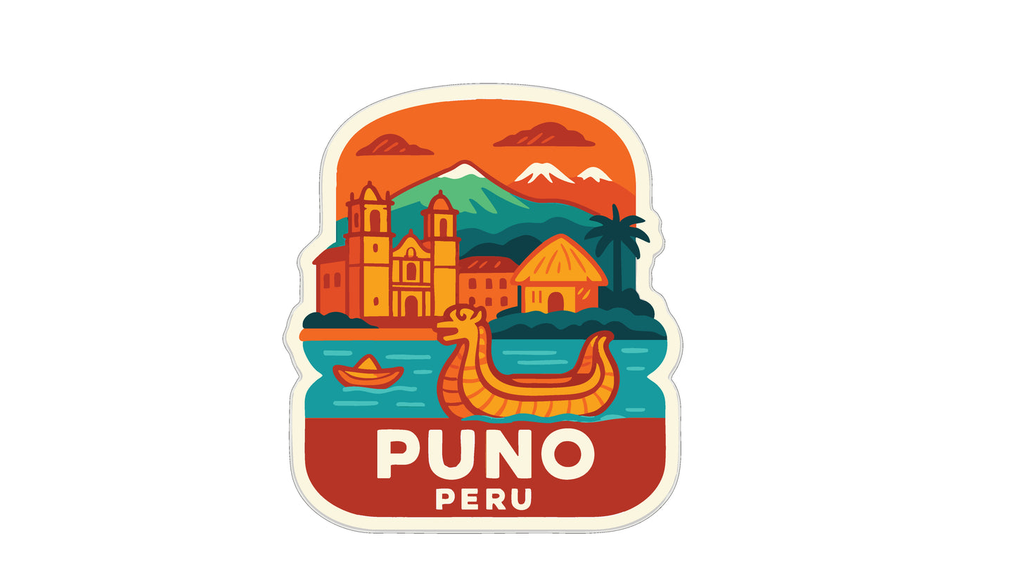The image is a sticker or label featuring a colorful illustration of a cityscape with mountains, buildings, a boat, and a dragon.