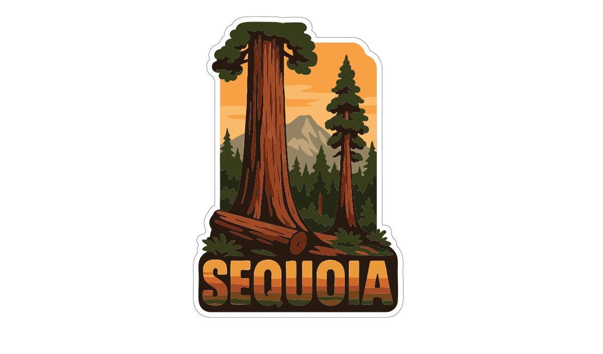 A sticker depicting a scenic view of Sequoia National Park in California, with the word "SEQUOIA" prominently displayed.