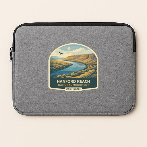 A gray laptop sleeve with a graphic design depicting a scenic landscape featuring a river, mountains, and a bird in flight.