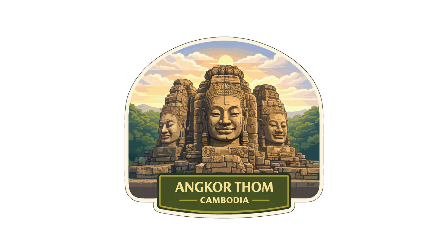 the Angkor Thom temple complex in Cambodia, with three large stone Buddha statues in the foreground.