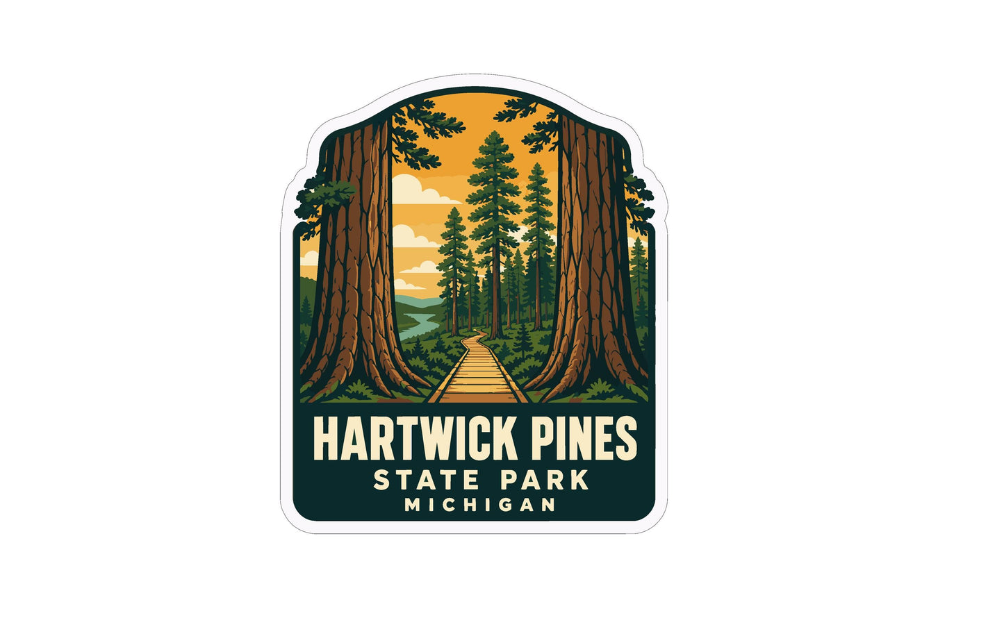 A sticker depicting a scenic forest landscape with tall trees, a winding path, and a sunset sky.