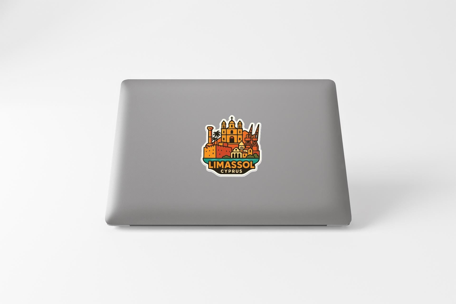 a sticker of Limassol, Cyprus, on the back of a laptop computer.