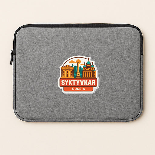 A gray laptop sleeve with a sticker depicting the city of Moscow, Russia.