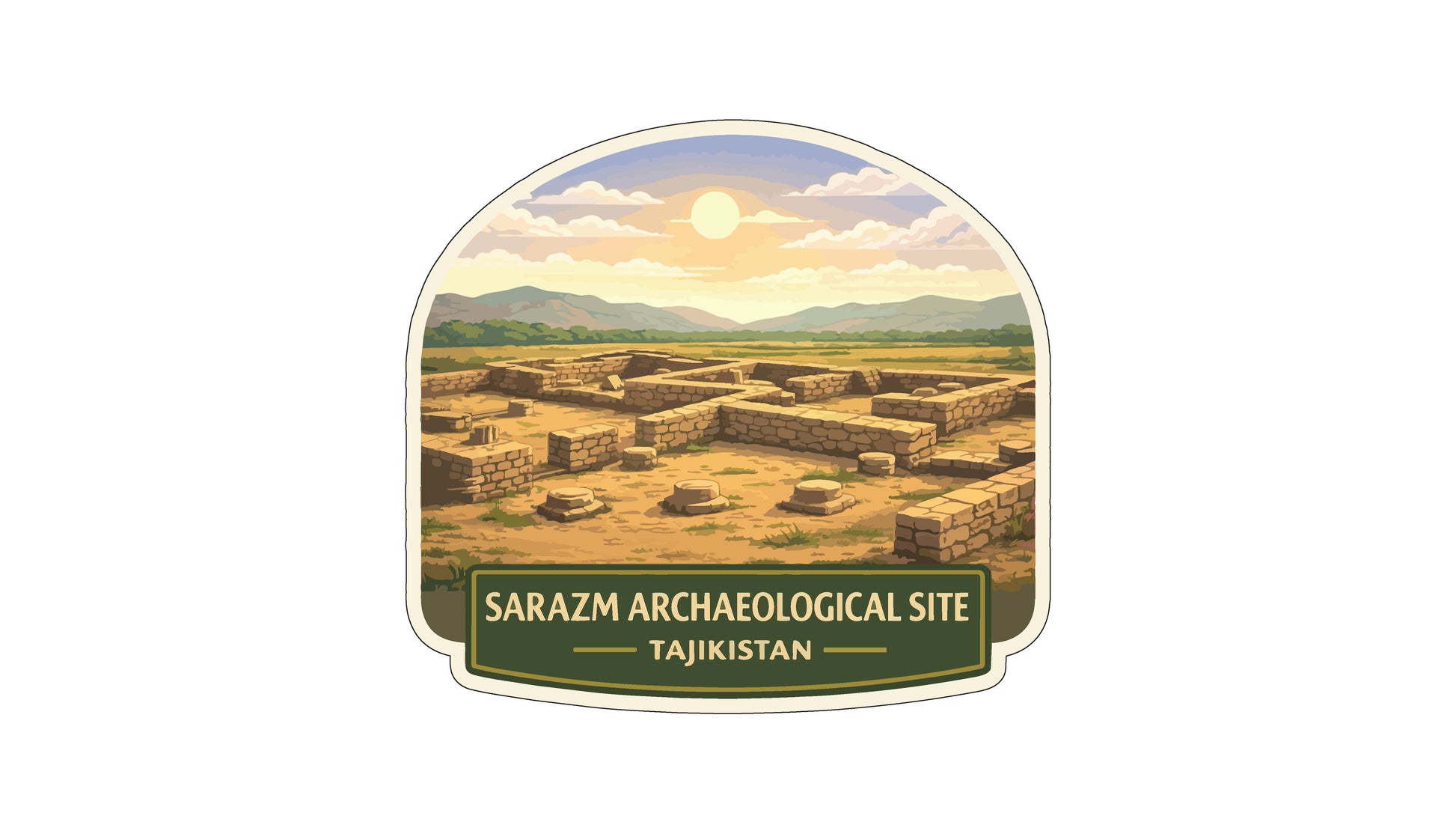 a desert landscape with ancient ruins, including stone structures and walls, set against a backdrop of mountains and a bright sun.