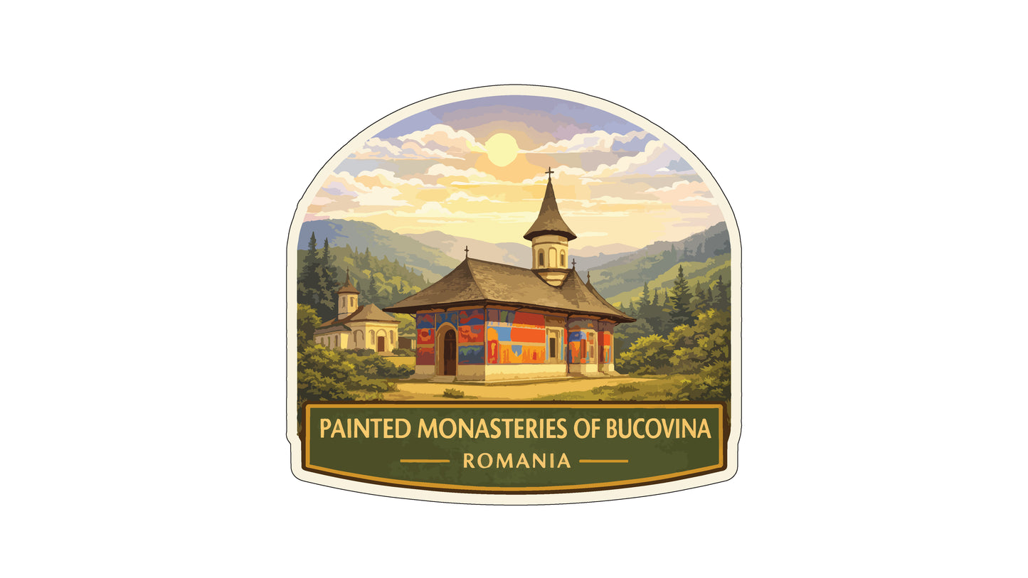 a painted monastic building in Romania, surrounded by a scenic landscape with mountains and a church in the background.