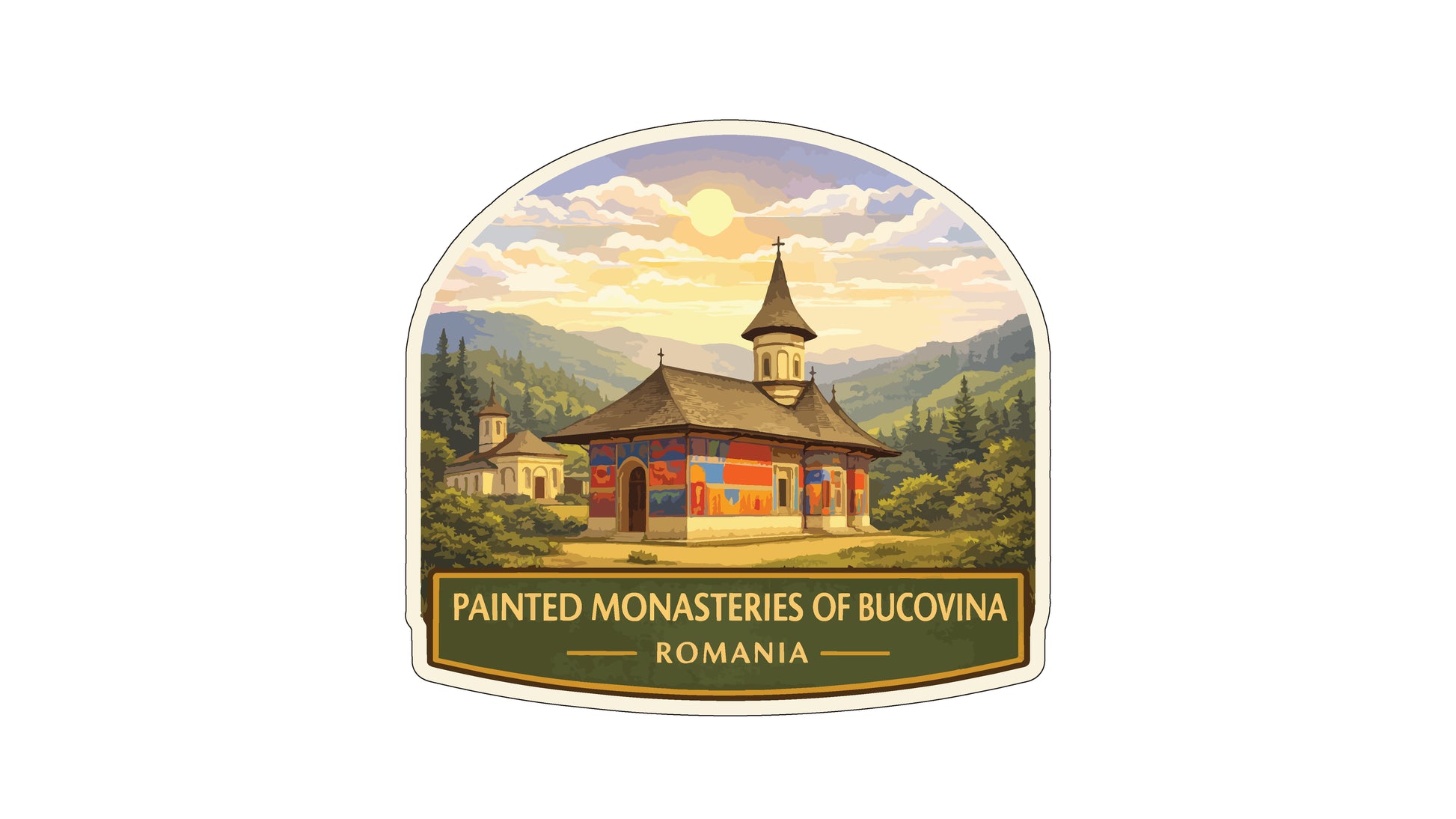 a painted monastic building in Romania, surrounded by a scenic landscape with mountains and a church in the background.