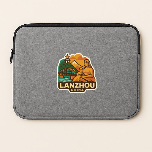 A gray laptop sleeve with a logo of Lanzhou, China.