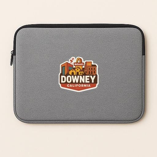 A gray laptop sleeve with a logo of Downey, California on it.