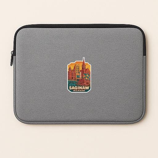 A gray laptop sleeve with a sticker of a cityscape on it.