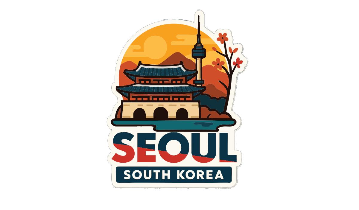 A sticker depicting the Gyeongbokgung Palace, a famous landmark in Seoul, South Korea, with a sunset in the background.