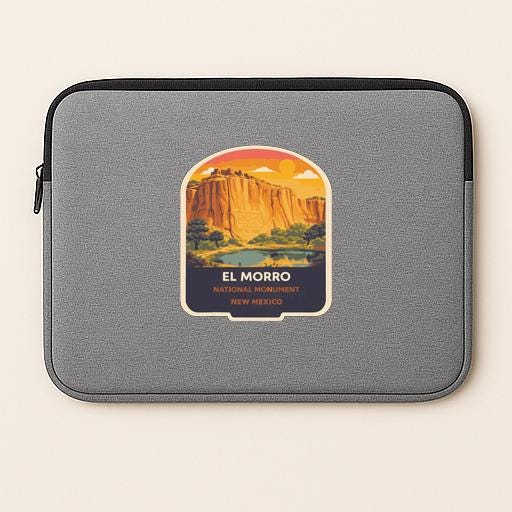 A gray laptop sleeve with a graphic design depicting the El Morro National Monument in New Mexico.