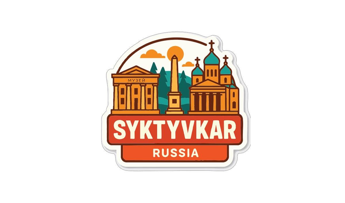 a sticker or emblem with a stylized illustration of the city of Syktyvkara, Russia.