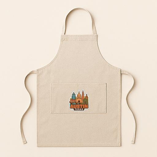 A beige apricot with a graphic of the city of Austin, Texas, printed on it.