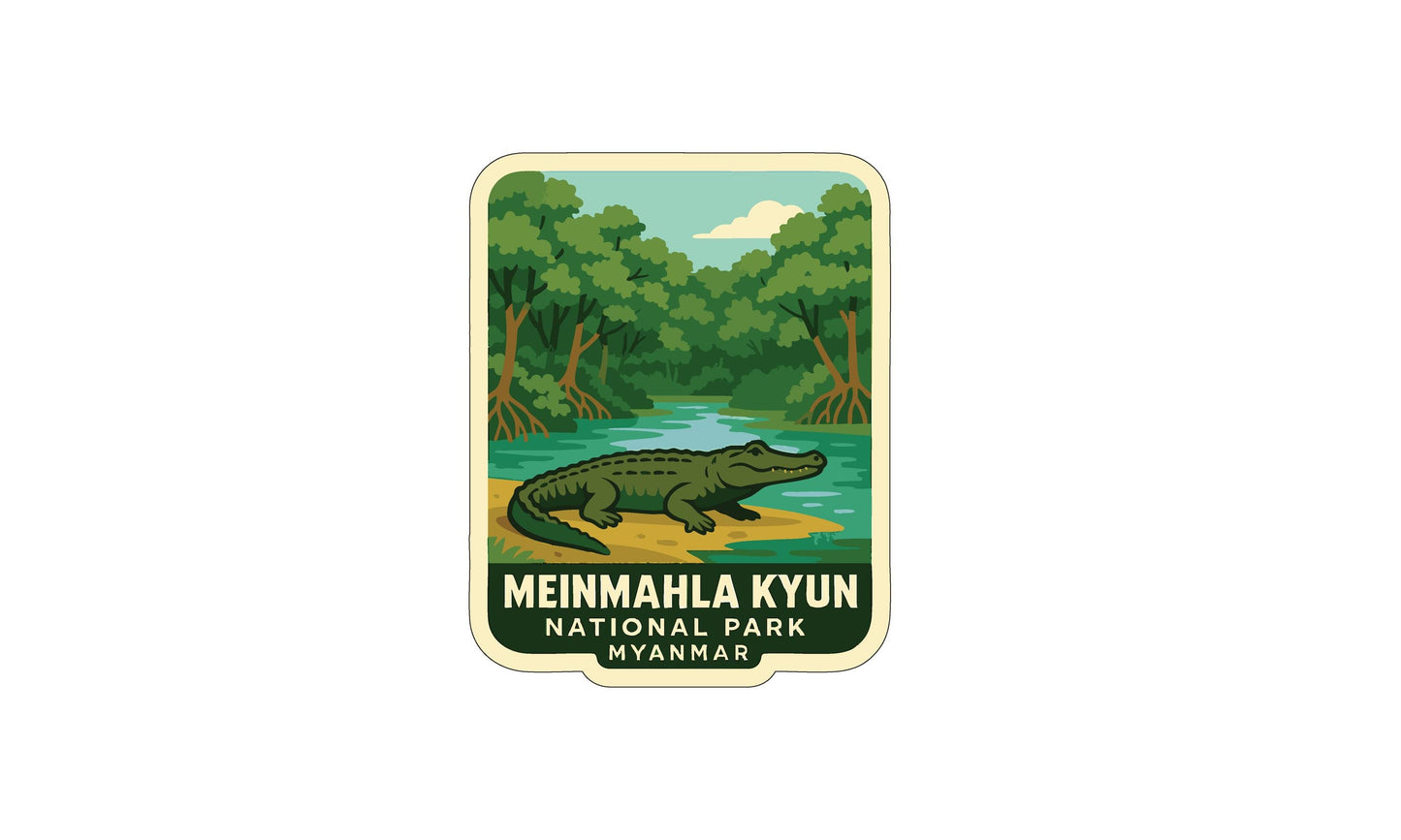 A sticker or emblem featuring a green alligator in a natural setting, with the text "Meinmahla Kyun NATIONAL PARK MYANMAR" below it.