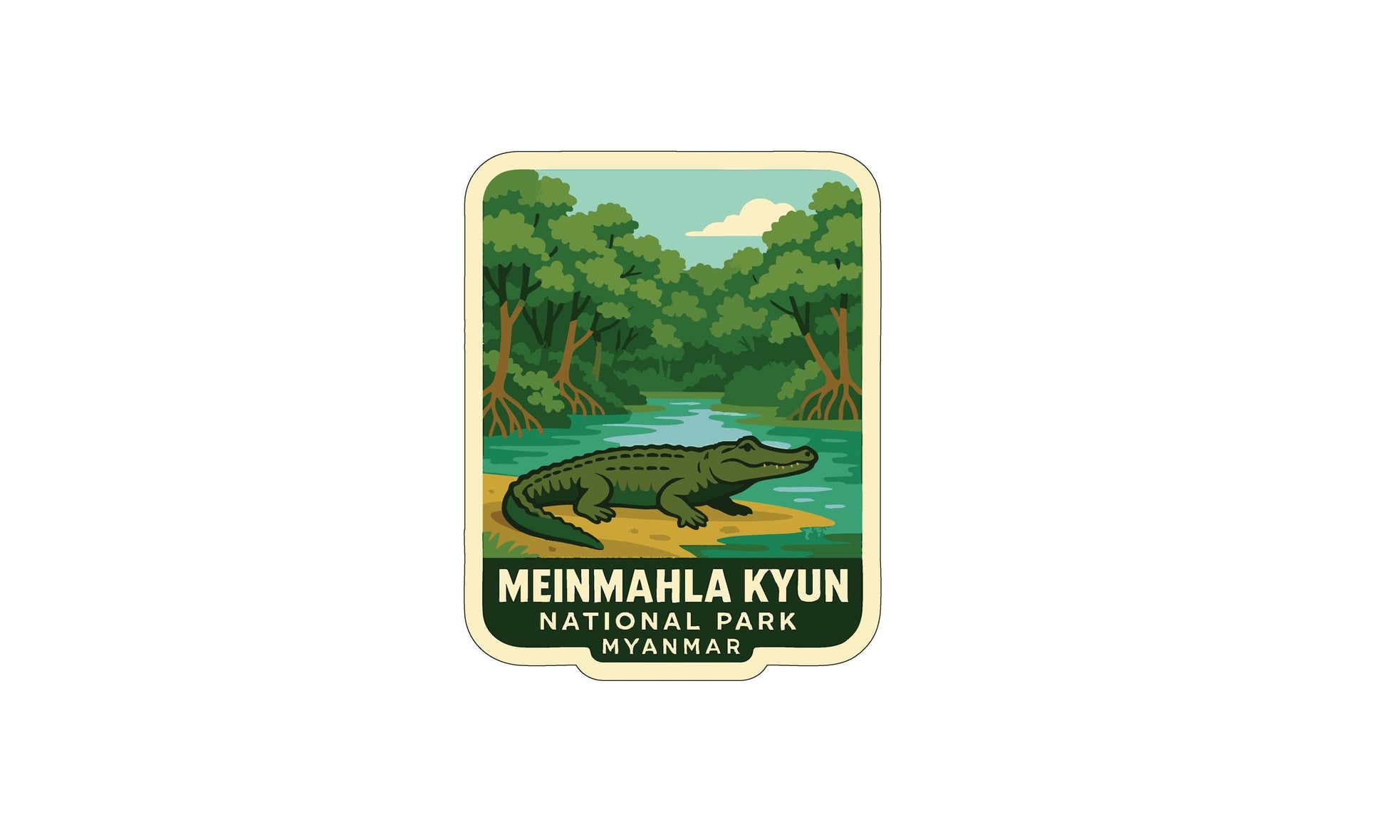 A sticker or emblem featuring a green alligator in a natural setting, with the text "Meinmahla Kyun NATIONAL PARK MYANMAR" below it.