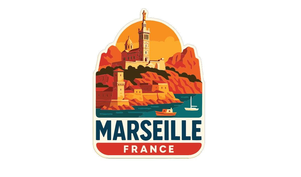a sticker or emblem with an illustration of a coastal town, including a castle, lighthouse, and boats on the water. The text "MARSELLE FRANCE" is prominently displayed, indicating the location or country of the depicted scene.
