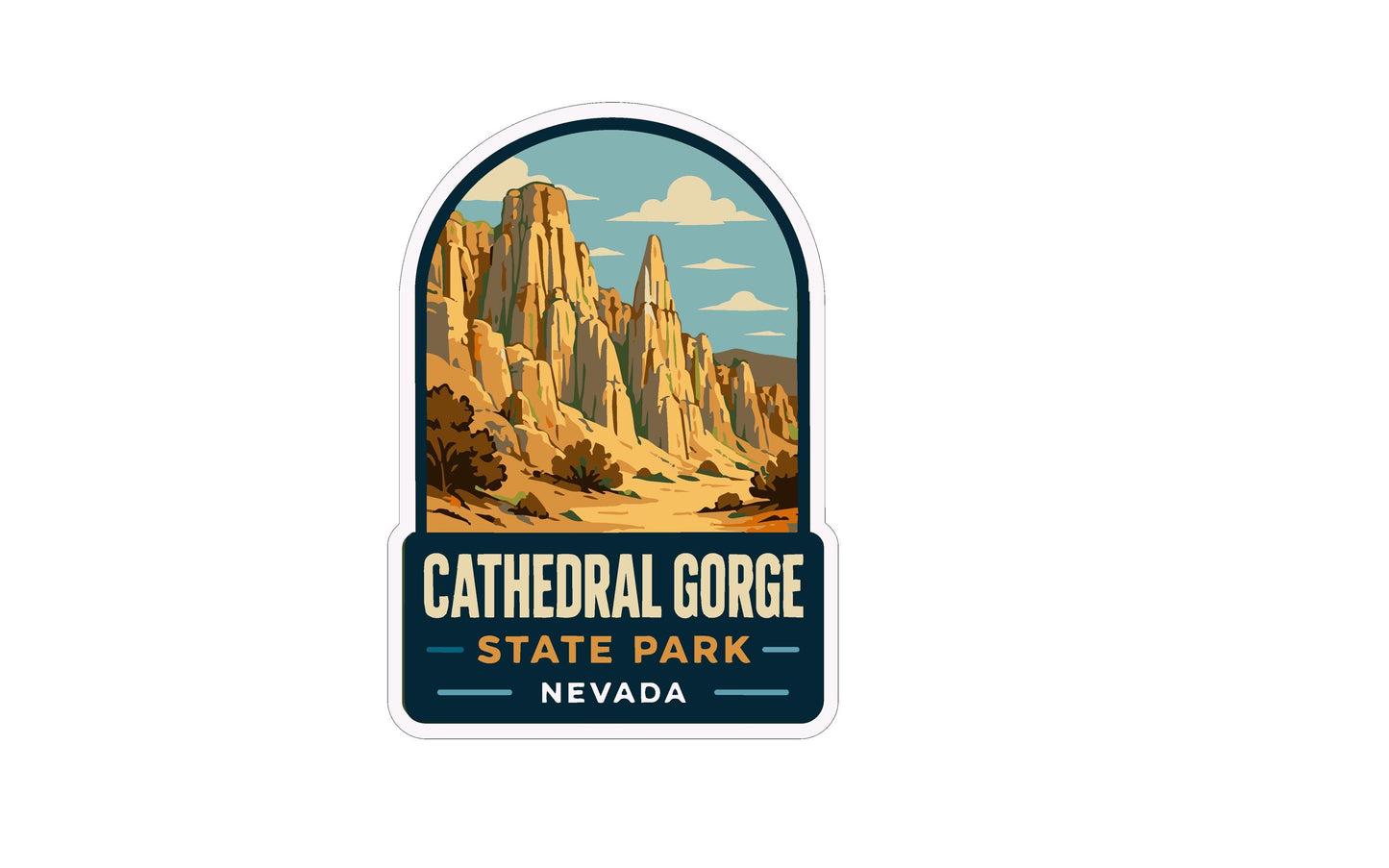 A sticker depicting the Cathedral Gorge State Park in Nevada, featuring a scenic landscape with towering rock formations and a clear blue sky.