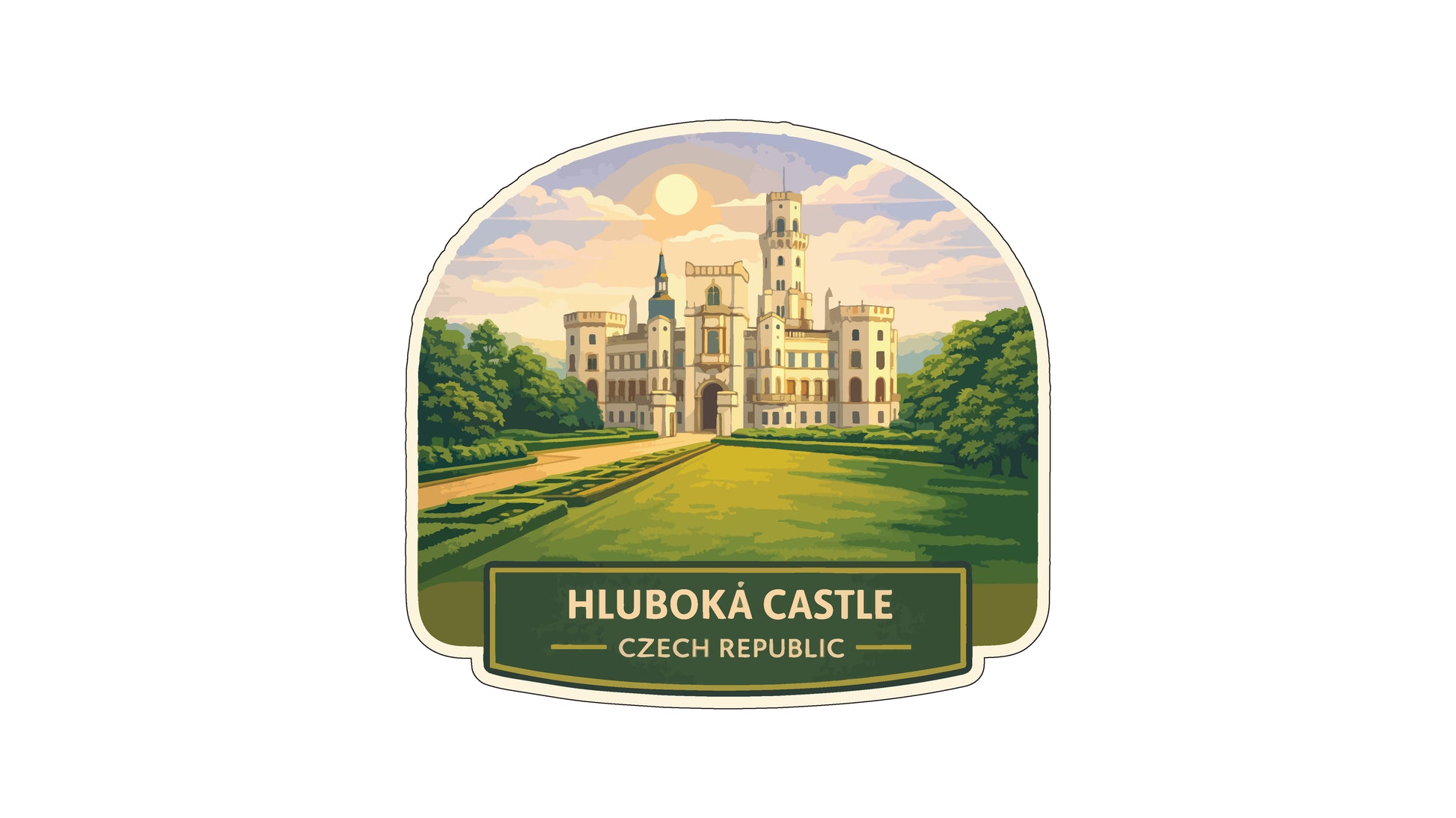 a castle with a large tower, surrounded by a well-manicured lawn and trees. The castle is located in the Czech Republic.