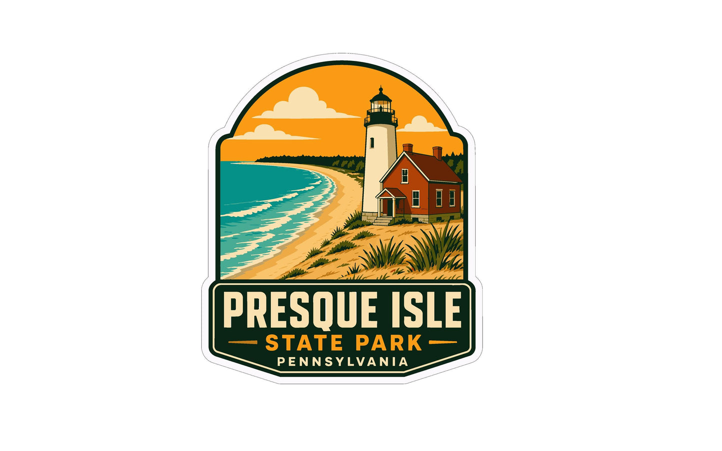 A sticker depicting a lighthouse and a beach scene, with the text "PRESQUE ISLE STATE PARK PENNSYLVANIA" prominently displayed.