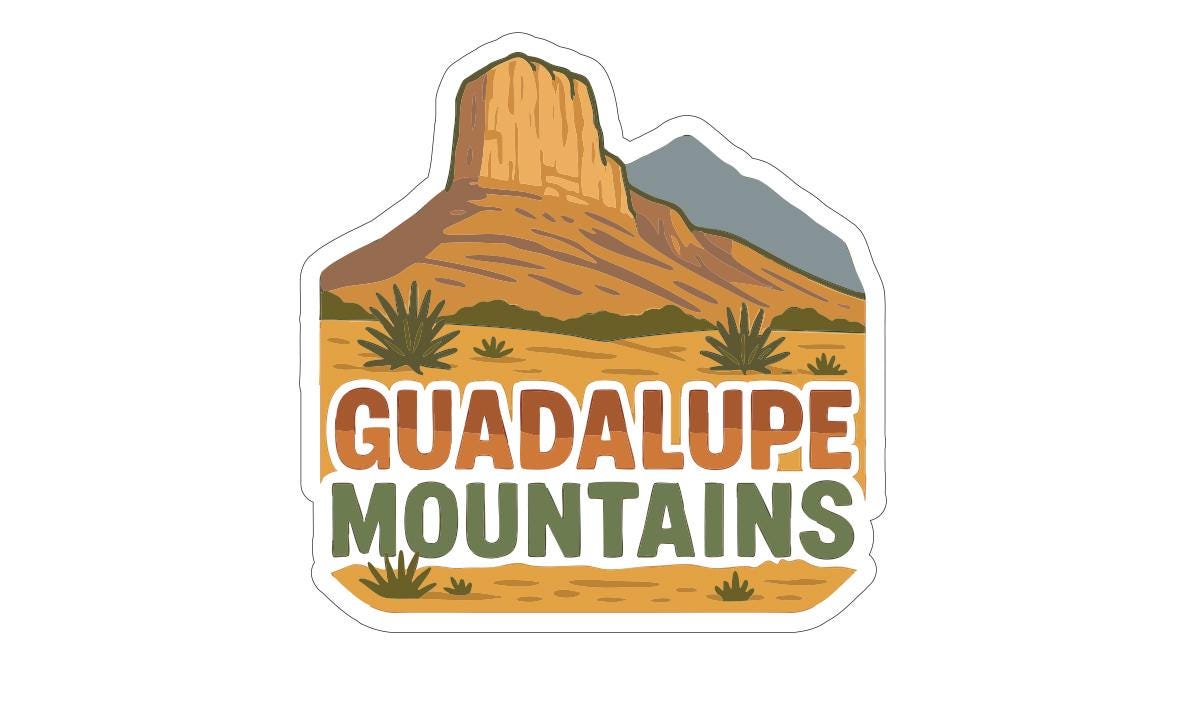 A sticker depicting a desert landscape with mountains in the background, along with the text "GUADALUPE MOUNTAINS" prominently displayed.