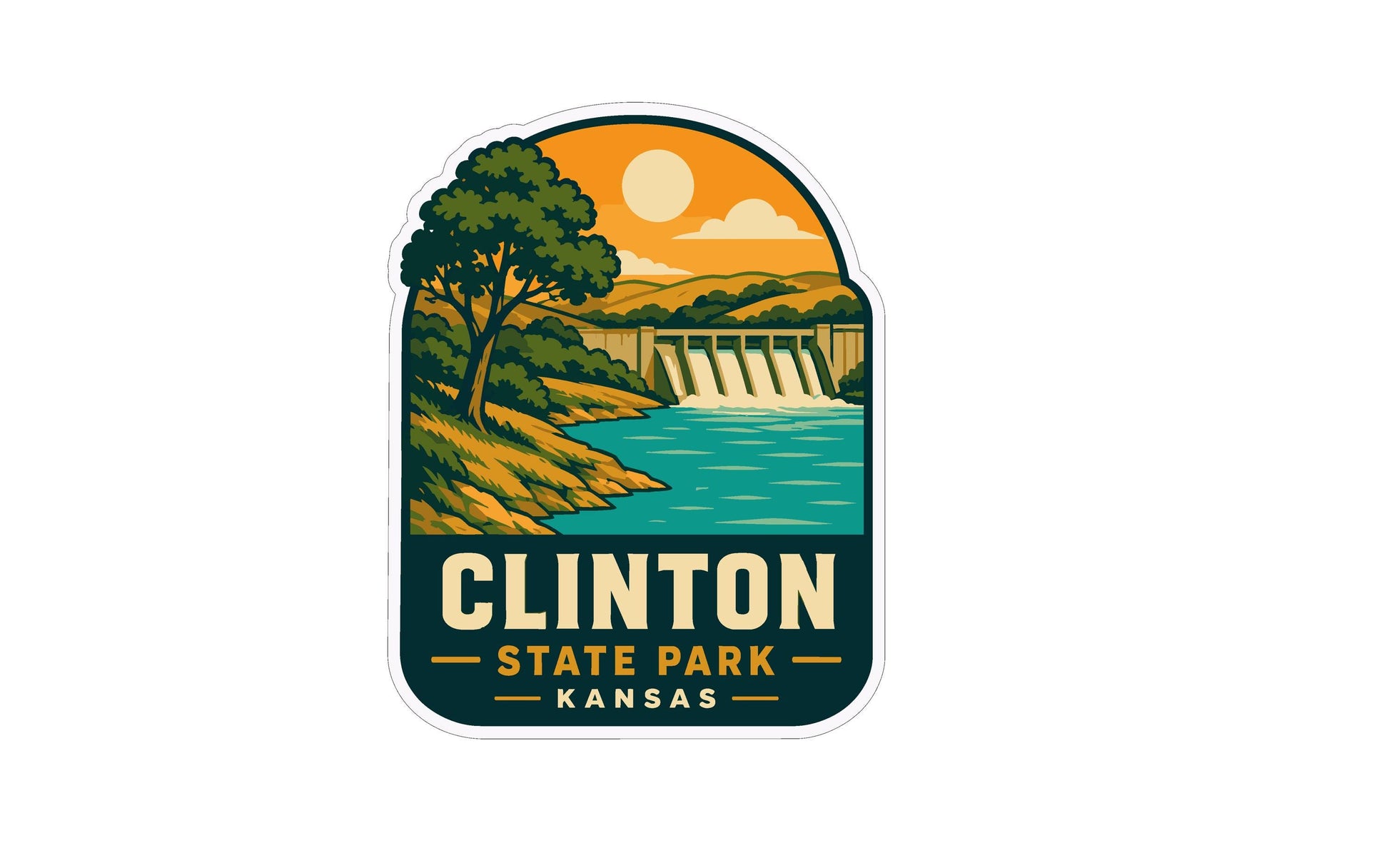 A sticker depicting a scenic landscape with a waterfall, trees, and a lake, with the text "CLINTON STATE PARK KANSAS" prominently displayed.