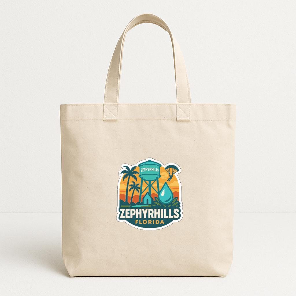 A beige tote bag with a graphic design featuring palm trees, a water tower, and the text "ZEPHYRILLS FLORIDA".