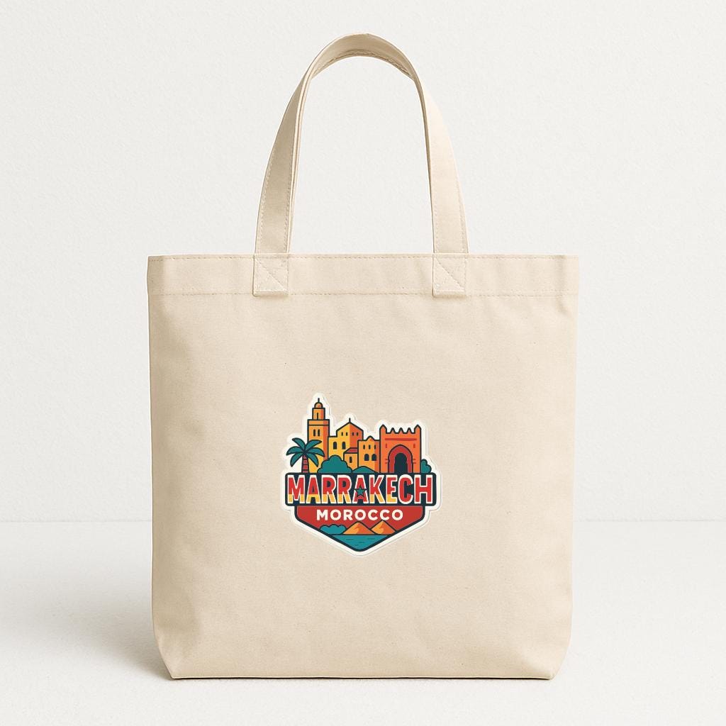 A beige tote bag with a colorful graphic of a city skyline and the text "MARAKECH MOROCCO" printed on it.