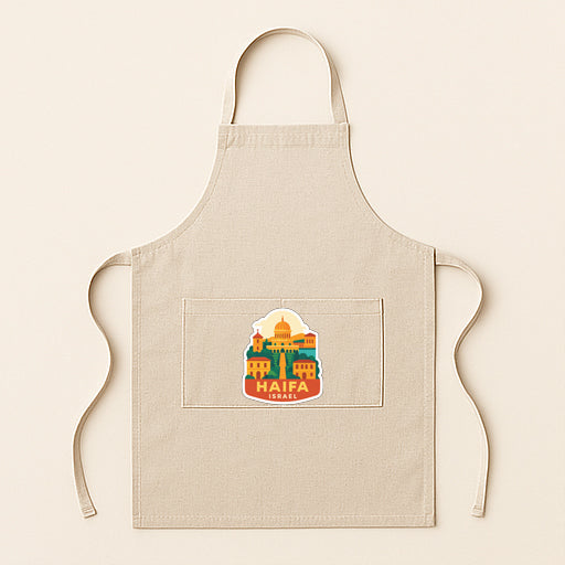 A beige apricot with a colorful graphic of a city skyline on the front pocket.