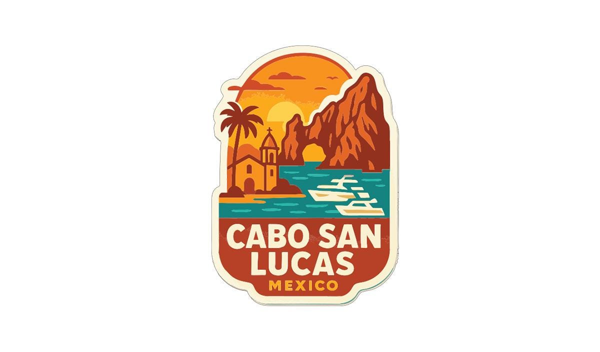a sticker or label with a tropical landscape and a sunset, along with the text "CABO SAN LUCAS MEXICO".